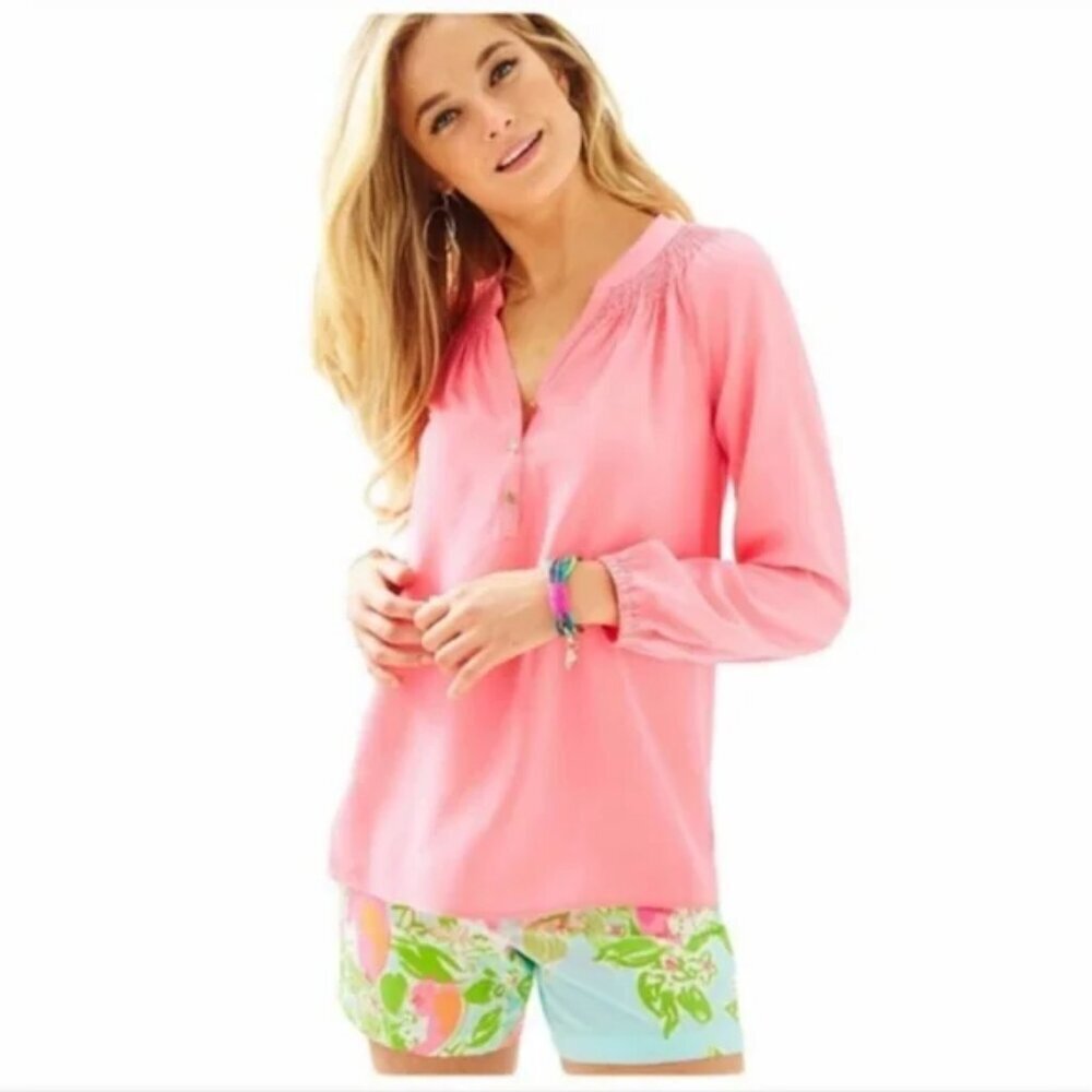 Lilly Pulitzer Elsa Smocked Silk Popover - Sunrise Orange - M